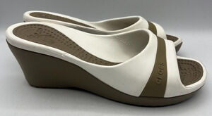Crocs Womens Size 9 White Taupe Wedge Slide Sandals Open Toe Comfort Shoes